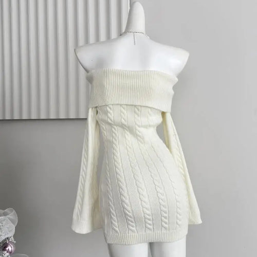 Load image into Gallery viewer, Autumn Winter Korean White Off Shoulder Slim Long Sleeve Twisted Short Dress Women Festival Backless Wrap Hip Knitted Dress Chic
