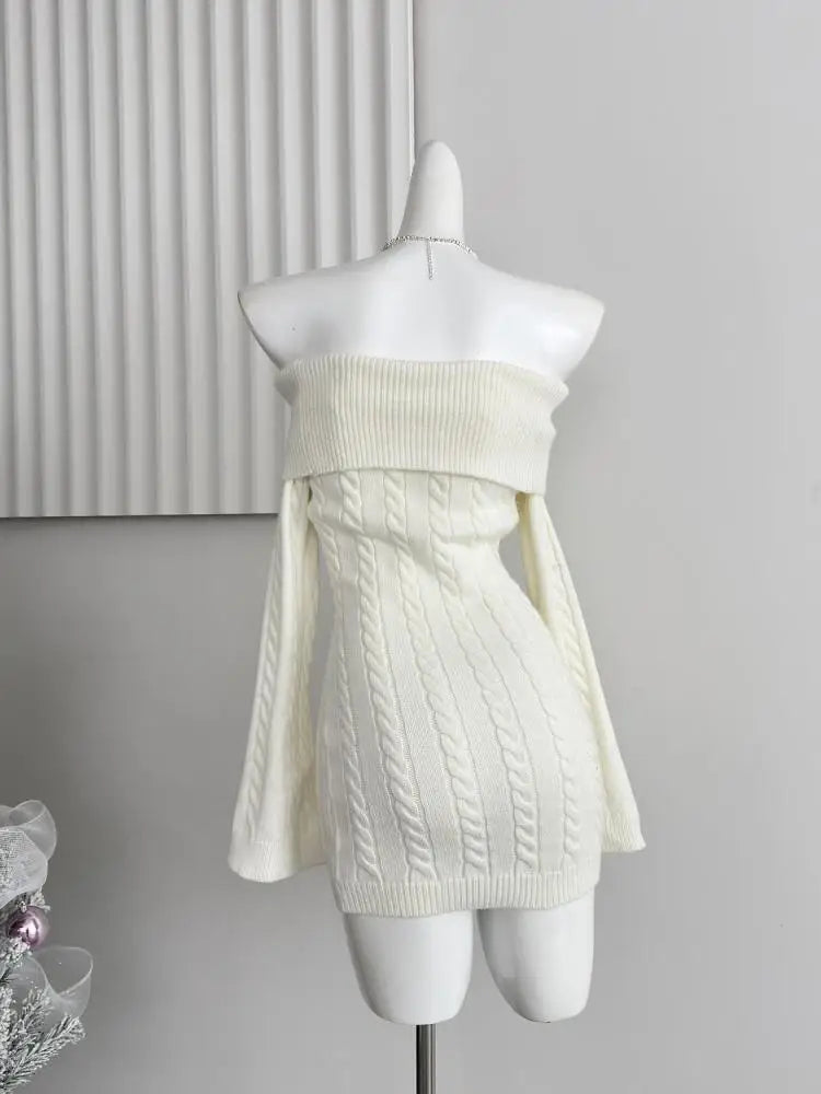 Autumn Winter Korean White Off Shoulder Slim Long Sleeve Twisted Short Dress Women Festival Backless Wrap Hip Knitted Dress Chic