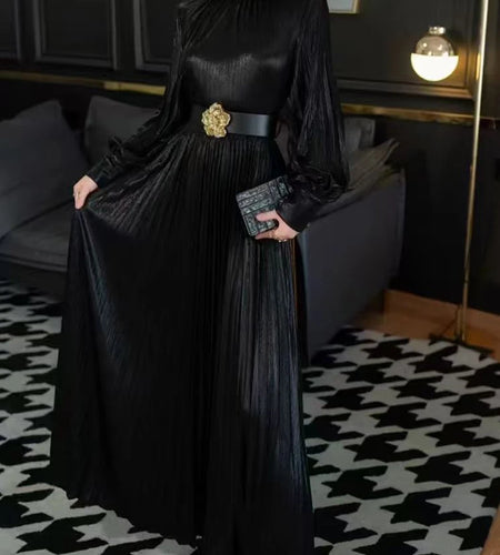 Solid Spliced Folds Temperament Dresses for Women Round Neck Long Sleeves Patchwork Belt Dress Female Clothing New