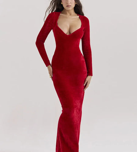 Velvet Long Sleeve Sexy Maxi Dress For Women Elegant V Neck Back Slit Bodycon Sexy Club Party Dress Clubwear Dresses