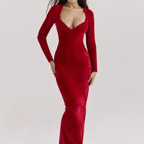 Load image into Gallery viewer, Velvet Long Sleeve Sexy Maxi Dress For Women Elegant V Neck Back Slit Bodycon Sexy Club Party Dress Clubwear Dresses
