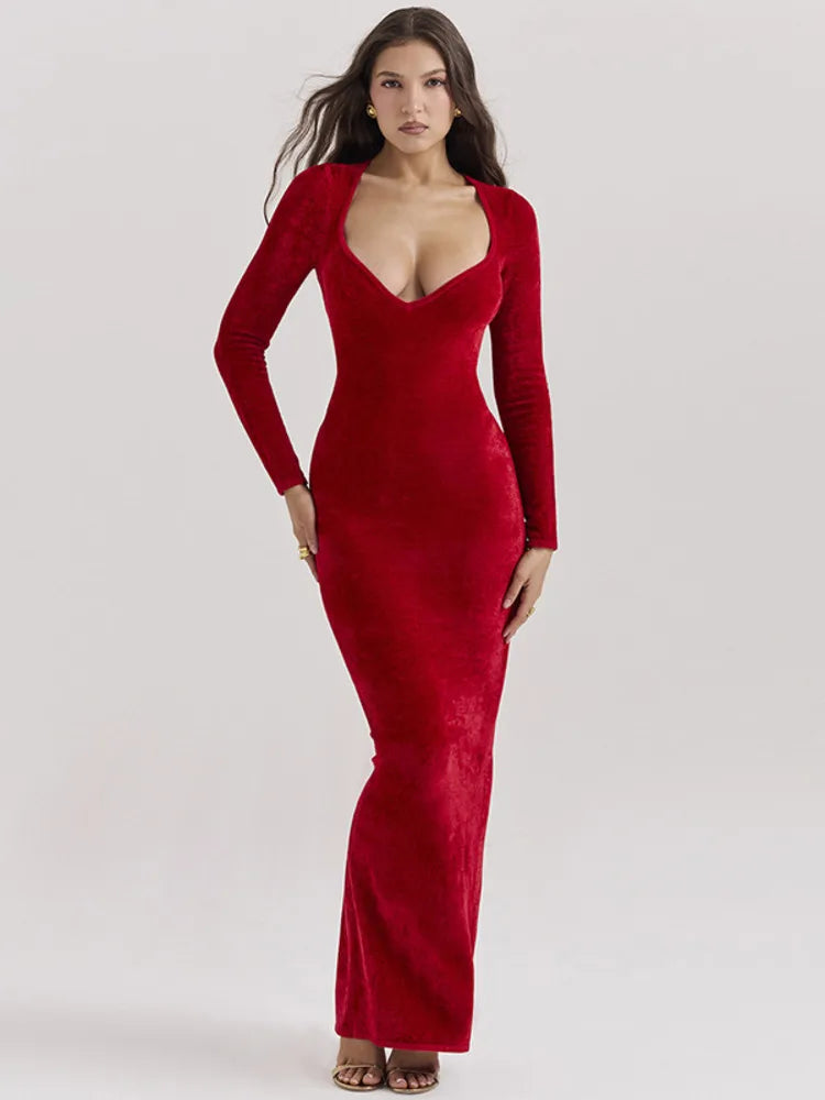 Velvet Long Sleeve Sexy Maxi Dress For Women Elegant V Neck Back Slit Bodycon Sexy Club Party Dress Clubwear Dresses
