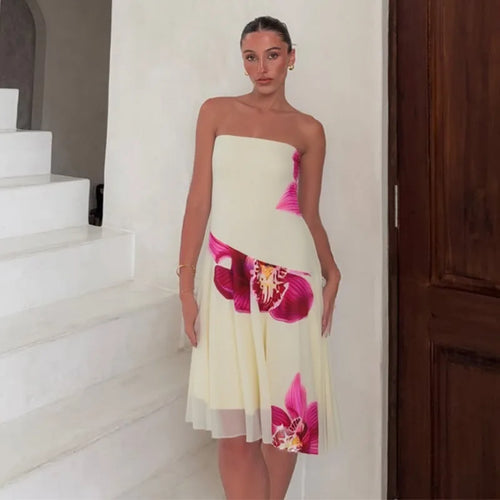 Load image into Gallery viewer, Floral Print Sexy Midi Dress Women Gown Summer New Strapless Off-shoulder Sleeveless Backless Irregular Ruffle Dress
