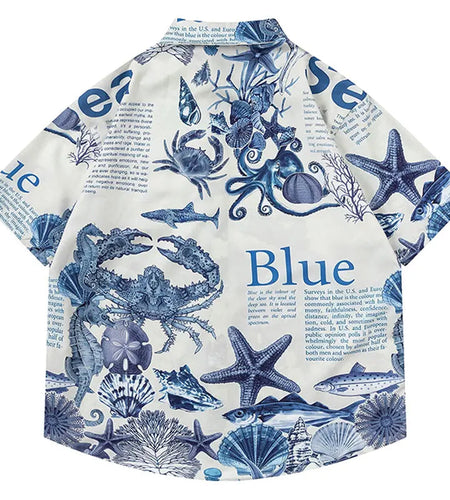 Harajuku Oversize Shirts Summer Retro Sea World Letter Graphic Print Button Up Blouse Streetwear Hip Hop Loose Short Sleeve Tops