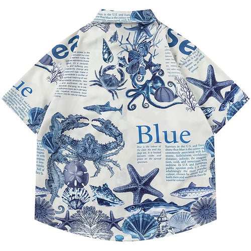 Harajuku Oversize Shirts Summer Retro Sea World Letter Graphic Print Button Up Blouse Streetwear Hip Hop Loose Short Sleeve Tops