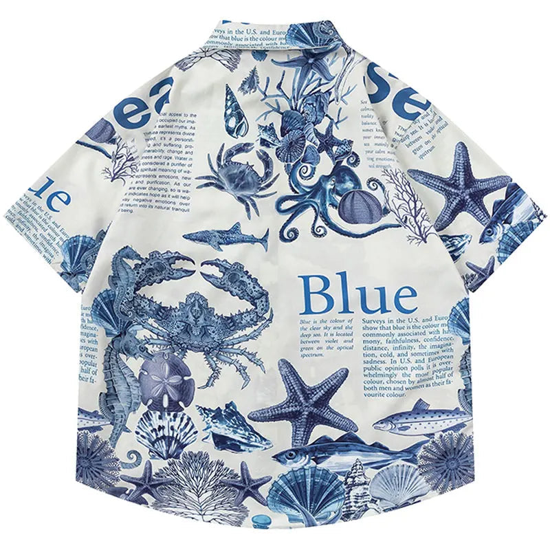 Harajuku Oversize Shirts Summer Retro Sea World Letter Graphic Print Button Up Blouse Streetwear Hip Hop Loose Short Sleeve Tops