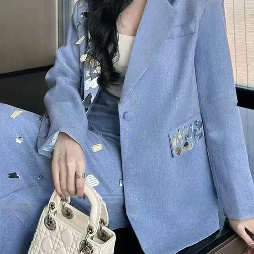 Load image into Gallery viewer, Solid Spliced Diamonds Two Piece Set For Women Lapel Long Sleeve Coat High Waist Temperament Skirts Sets Female New
