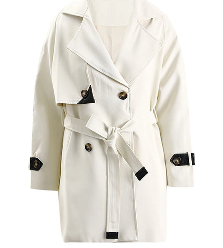 Women Beige Color-block Leather Big Size Trench New Lapel Long Sleeve Windbreaker Fashion Tide Spring Autumn 2025 CPG1307