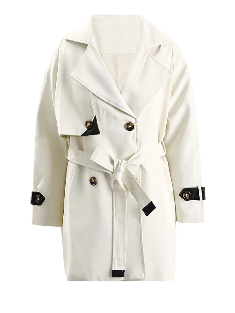 Women Beige Color-block Leather Big Size Trench New Lapel Long Sleeve Windbreaker Fashion Tide Spring Autumn 2025 CPG1307