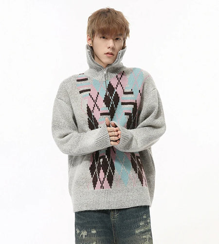 Niche Design Men's Sweaters Turn-down Collar Diamond Plaid Contrast Color Half-zipper Casual Male Pullover Knits New 9C8741