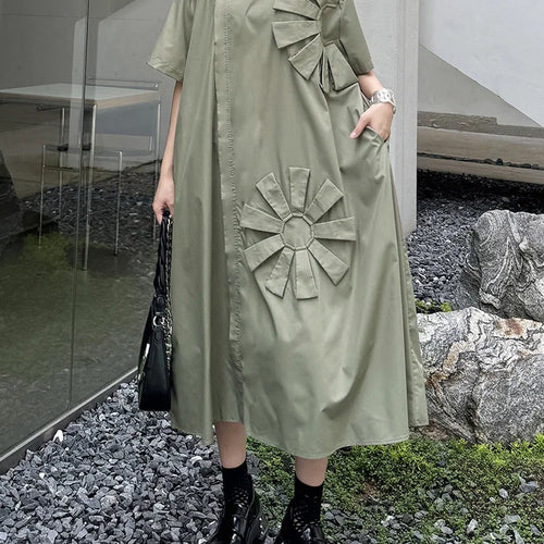 Load image into Gallery viewer, Women Green Flower Spliced Big Size Shirt Dress New Round Neck Short Sleeve Fashion Tide Spring Autumn 2025 1DH9678
