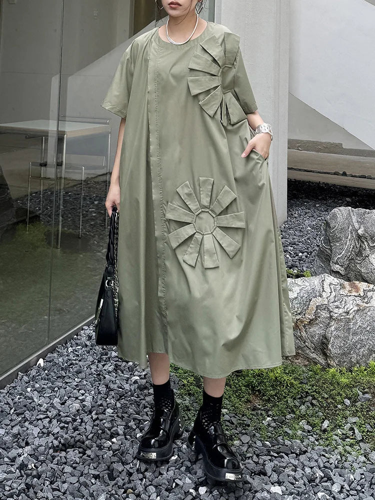 Women Green Flower Spliced Big Size Shirt Dress New Round Neck Short Sleeve Fashion Tide Spring Autumn 2025 1DH9678