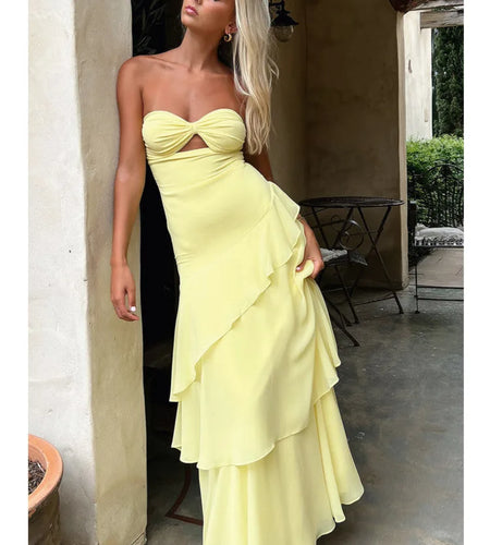 Sexy Strapless Ruffle Edge Hollow Out Long Dress For Women Elegant Sleeveless Bodycon Party Club Evening Dress Holiday