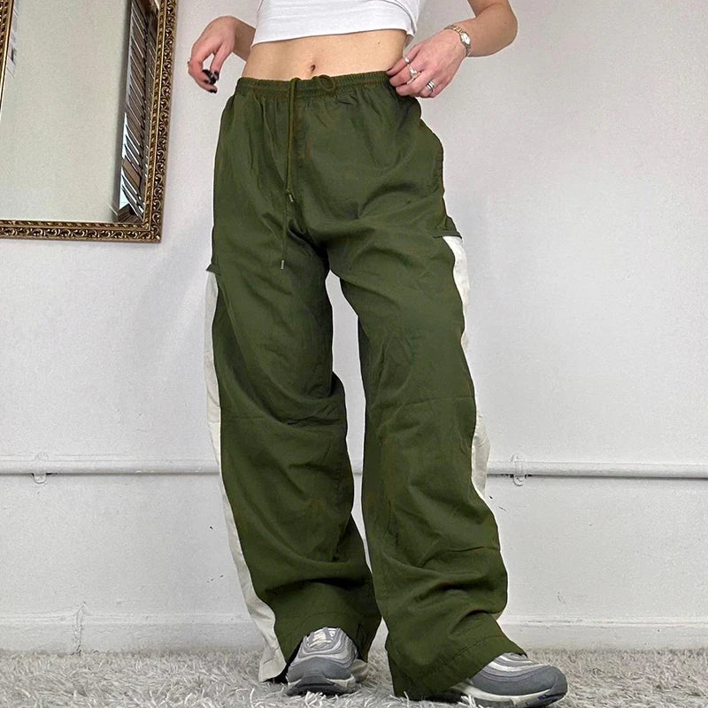 Streetwear Loose Stripe Patchwork Women Pants Elastic Waist Casual Basic Straight Leg Trousers Joggers Contrast Color