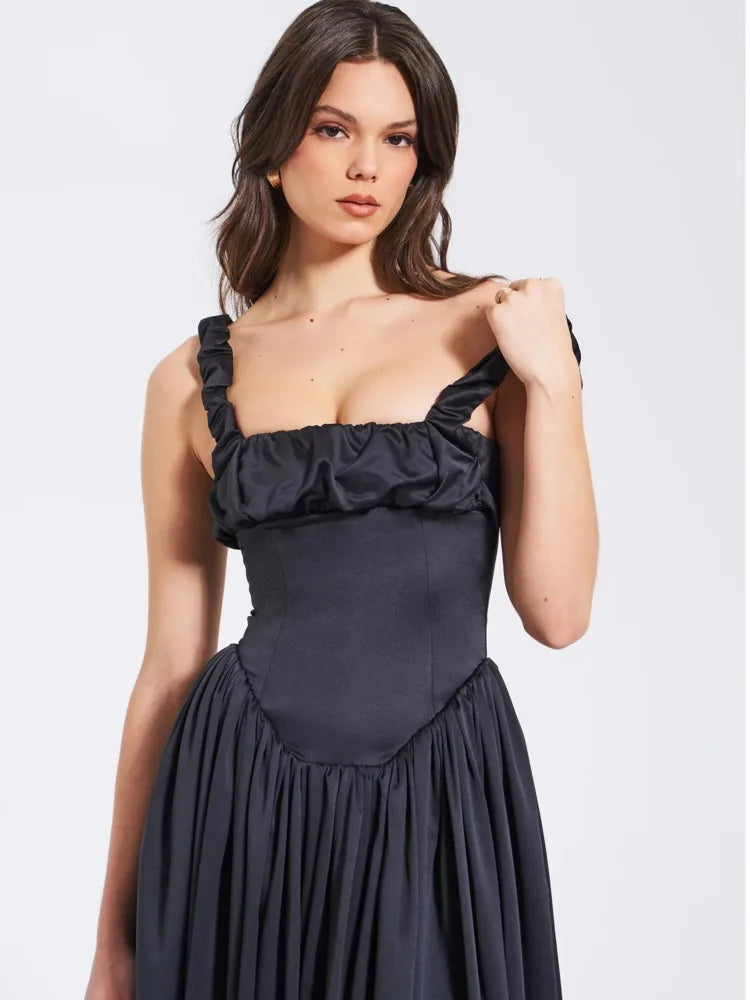 Elegant Sleeveless Satin Bodycon Dress Women's Pleated Slim Fit Long Dress Female Elegance Party Club Street Clothing