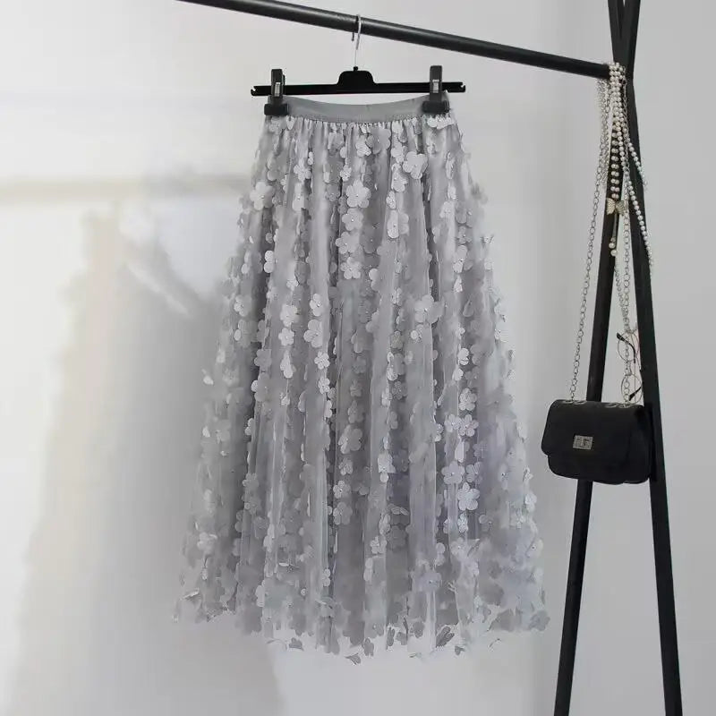 Elastic High Waist Skirt Ladies Summer Vintage Jacquard Butterfly Tulle Skirts Womens Fashion Embroidery Mesh Midi Skirt Women