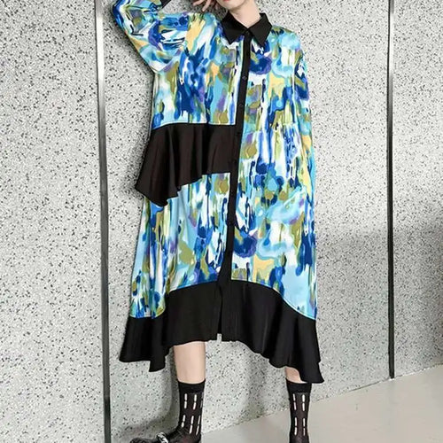 Load image into Gallery viewer, Women Green Pattern Printed Irregular Big Size Shirt Dress New Lapel Long Sleeve Fashion Tide Spring Autumn 2025 1DH4829
