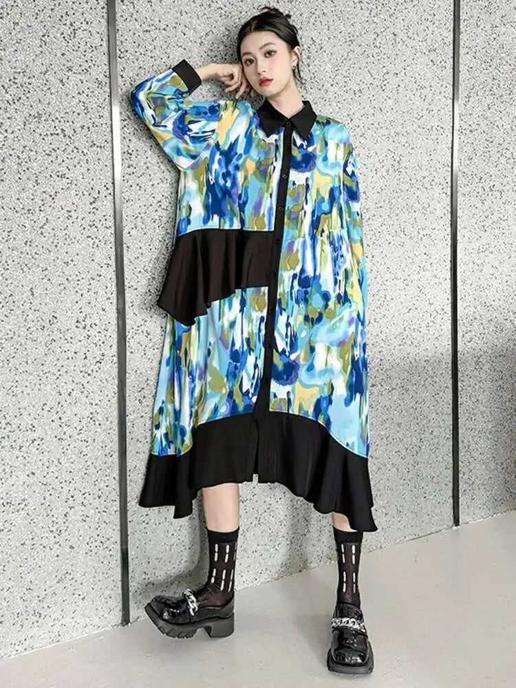 Women Green Pattern Printed Irregular Big Size Shirt Dress New Lapel Long Sleeve Fashion Tide Spring Autumn 2025 1DH4829