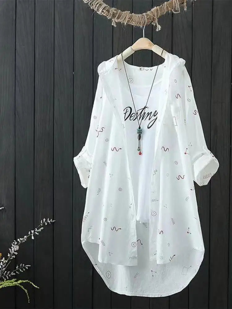 Women's Shirts Hooded Sunscreen Long Sleeved Shirt Female Top Summer New Coat Medium Long Jacket Thin Printed Blouse