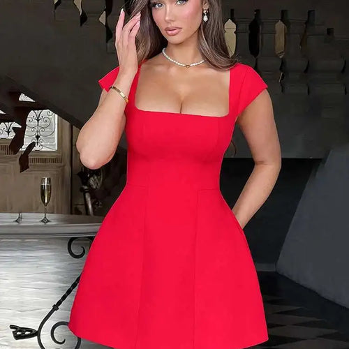 Load image into Gallery viewer, Square Collar Short Sleeve Mini Dress For Women Robe New Fashion Solid A-line Loose High Waist Short Dress Elegant
