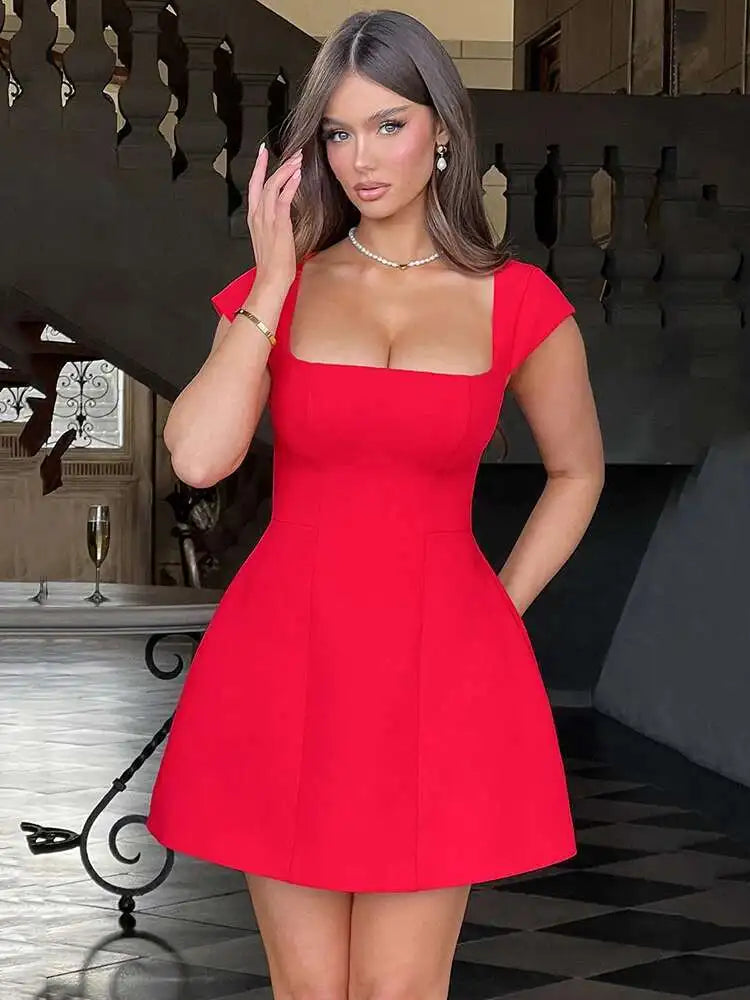 Square Collar Short Sleeve Mini Dress For Women Robe New Fashion Solid A-line Loose High Waist Short Dress Elegant