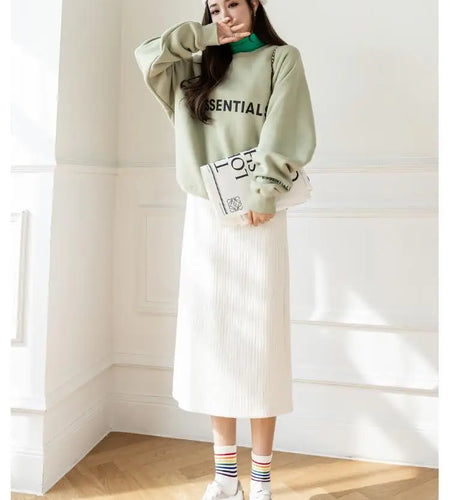 Korean Fashion Black White Elegant Office Thick Skirt Women Autumn Winter Brown Slim High Waist Velvet Knitted Long Skirts Trend