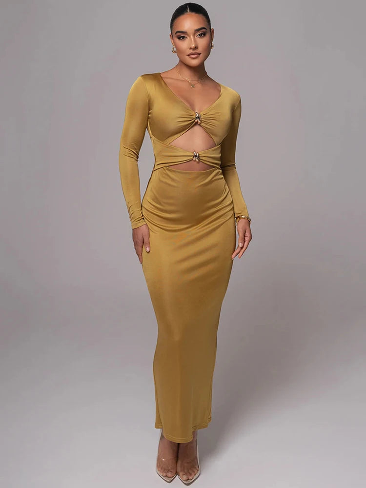 Hollow out long sleeve sexy maxi dress for women fashion solid V neck back split bodycon club long dress elegant