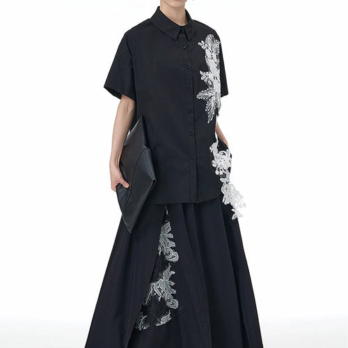 Load image into Gallery viewer, High Elastic Waist Black Appliques Spliced A-line Half-body Skirt Women Fashion Tide New Spring Autumn 2025 1DJ1502
