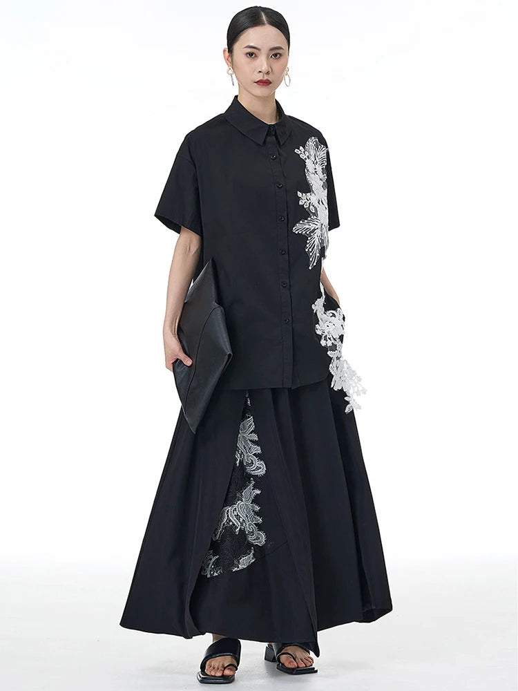 High Elastic Waist Black Appliques Spliced A-line Half-body Skirt Women Fashion Tide New Spring Autumn 2025 1DJ1502