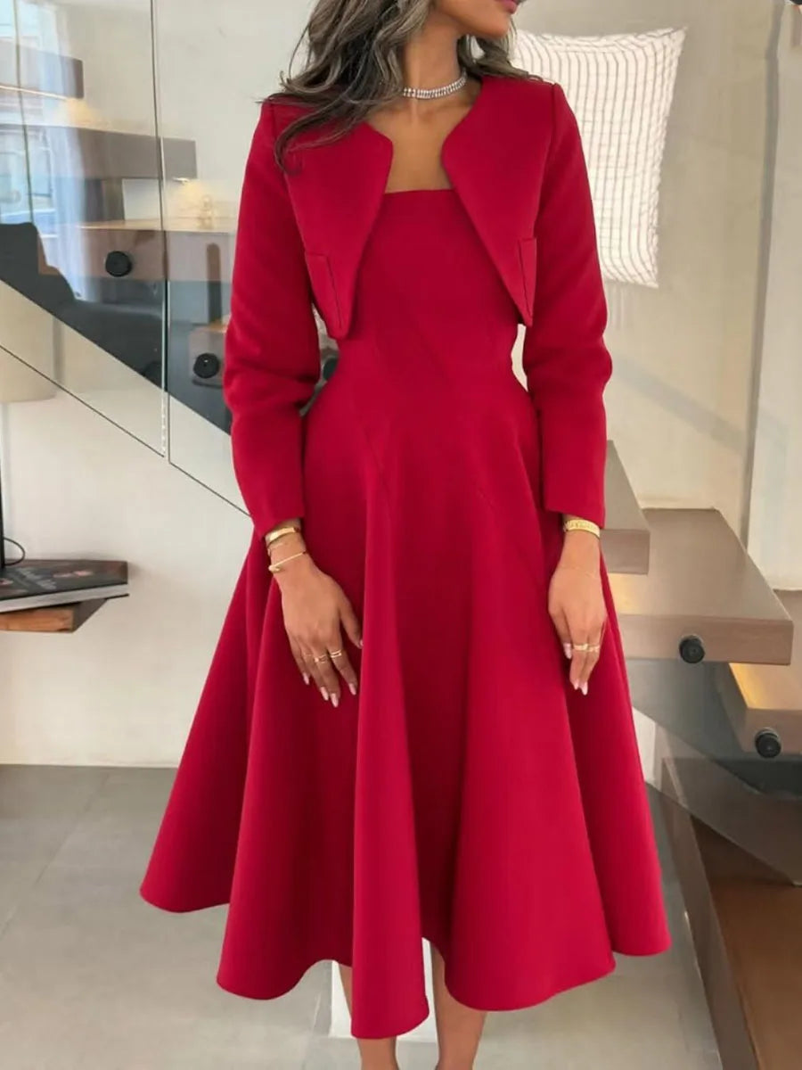 Solid Elegant Two Piece Sets for Women Round Neck Long Sleeves Top Square Neck Sleeveless Tunic Dress Female Clothes