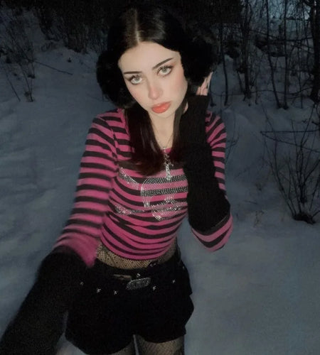 Gothic Rhinestone Skull Crop Top 2000s Aesthetic Women Striped Long Sleeve T Shirt Punk Dark Academia Aesthetic Clothes