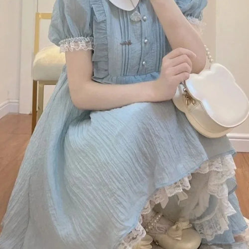 Load image into Gallery viewer, Kawaii Lolita Dress School Preppy Japanese Sweet Ruffles Lace Cute Peter Pan Collar Puff Sleeve Party Short Dresses
