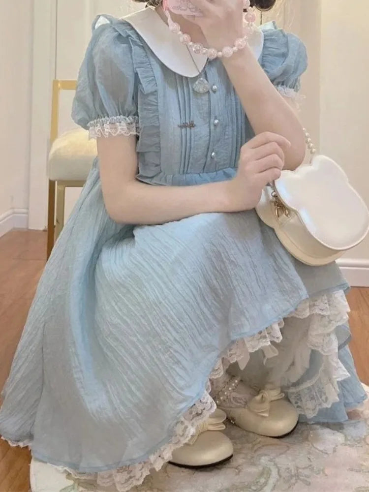 Kawaii Lolita Dress School Preppy Japanese Sweet Ruffles Lace Cute Peter Pan Collar Puff Sleeve Party Short Dresses