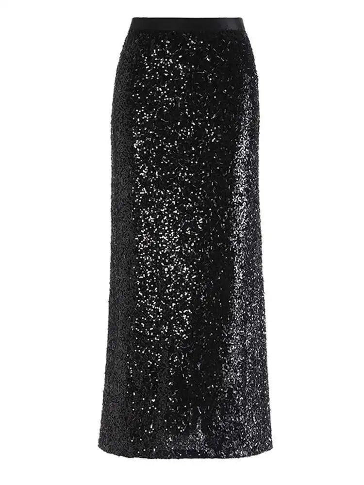 High Elastic Waist Gray Sequins Shining Elegant Long Half-body Skirt Women Fashion Tide New Spring Autumn 2025 1DH7488