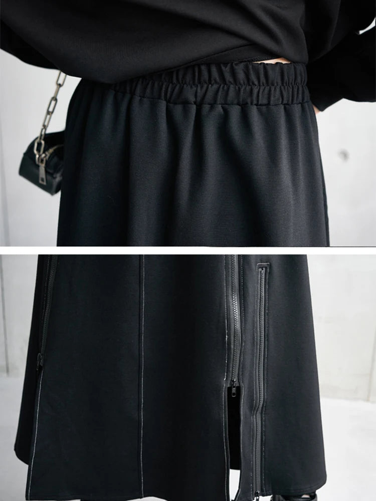 Solid Patchwork Zipper A Line Skirts For Women High Waist Minimalist Casual Streetwear Loose Skirt Female Fashion
