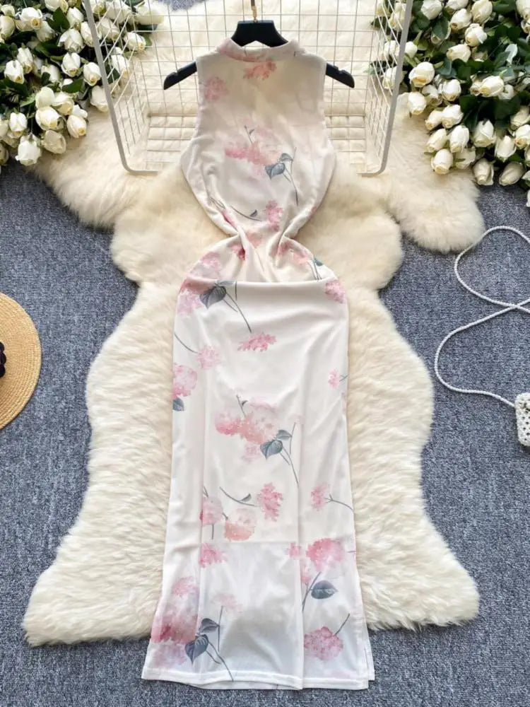 Summer New Chinese Style Print Mesh Dresses Women Sexy Club Hollow Out Stand Collar Sleeveless Slim Evening Party Dress Holiday