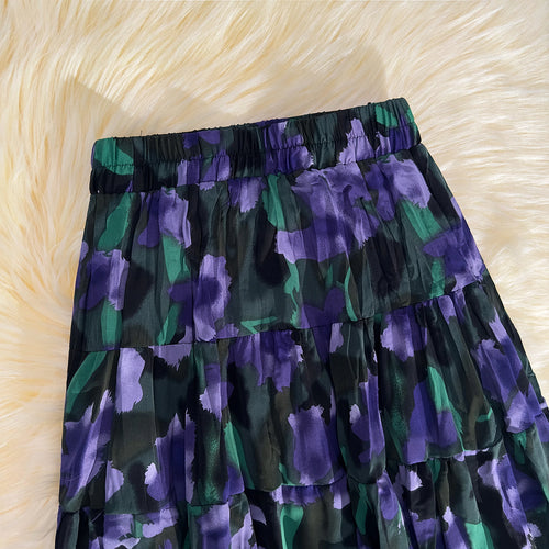 Load image into Gallery viewer, Korean Fashion Red Floral Print Skirt Women 2024 Spring Summer New Purple Floral Elegant A-line Beach Holdiay Long Skirts Trendy
