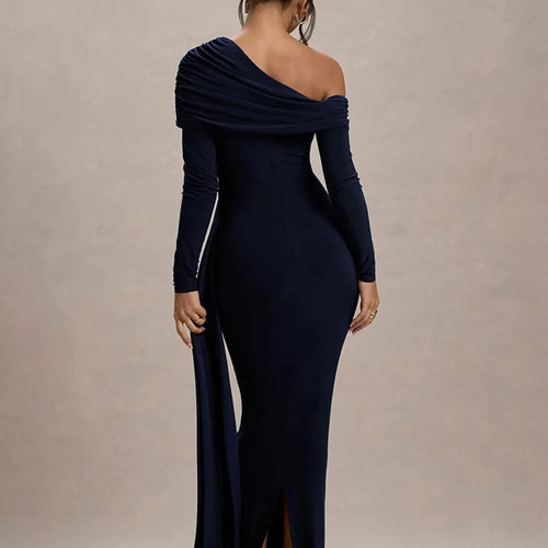 Load image into Gallery viewer, Elegant Long Sleeve Slanted Shoulder Party Club Evening Dress For Women 2025 New Dress Sexy Shrink Fold Winter Vestidos
