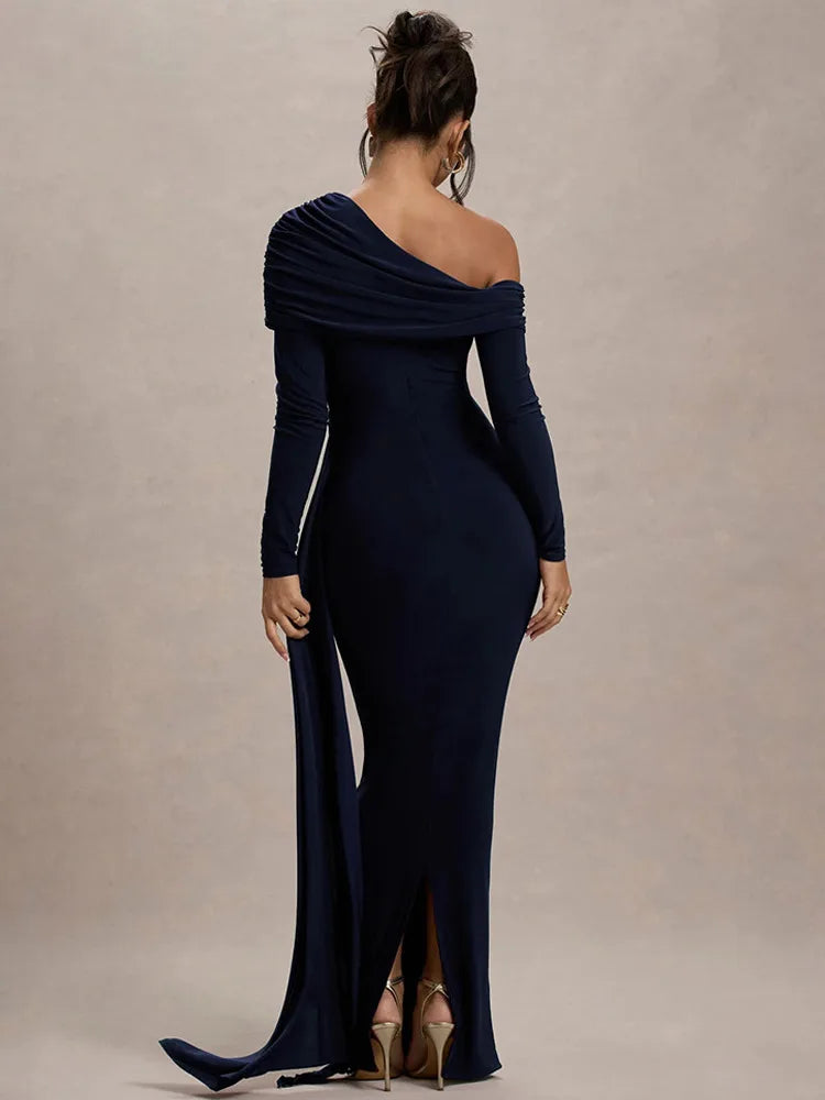Elegant Long Sleeve Slanted Shoulder Party Club Evening Dress For Women 2025 New Dress Sexy Shrink Fold Winter Vestidos