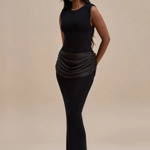 Load image into Gallery viewer, Sleeveless Ruched Sexy Maxi Dress For Women Gown Fashion Black O Neck High Waist Bodycon Club Party Long Dress Vestido
