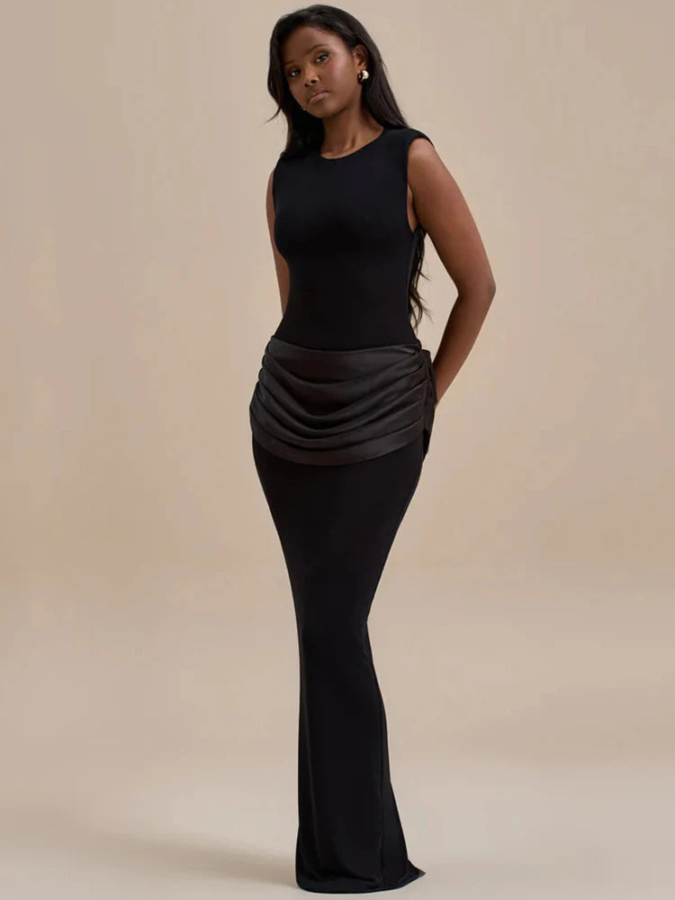 Sleeveless Ruched Sexy Maxi Dress For Women Gown Fashion Black O Neck High Waist Bodycon Club Party Long Dress Vestido