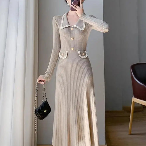 Load image into Gallery viewer, Women Lapel Single Breasted Patchwork Midi Sweater Dress Elegant Fashion Pullover Bodycon Streetwear Knit Dress 2023 New Autumn
