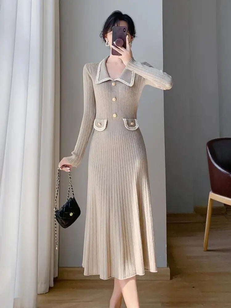 Women Lapel Single Breasted Patchwork Midi Sweater Dress Elegant Fashion Pullover Bodycon Streetwear Knit Dress 2023 New Autumn
