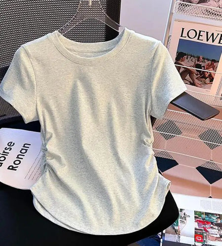 Summer 2025 New Solid Casual Round Neck Holiday Pleated T Shirt Women Slim Short Sleeves Tops Fashion Trendy Clothing Simplicity