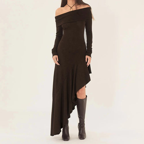 Load image into Gallery viewer, Asymmetrical Elegant Brown Midi Dress Female Ruffles Slash Neck Bodycon Autumn Dress Fashion Party Solid Long Sleeve
