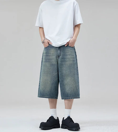 Men's Denim Shorts New Summer Korean Style Washed Wide Leg Trendy Gradient Color Straight Male Causal Clothing 9W1907