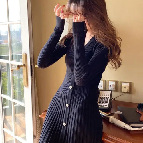 Load image into Gallery viewer, Women Retro White Long Sleeve Dresses Pink V-neck Single Breasted High Waist Ladies Elegant New Black Slim Knitting Dress Korean
