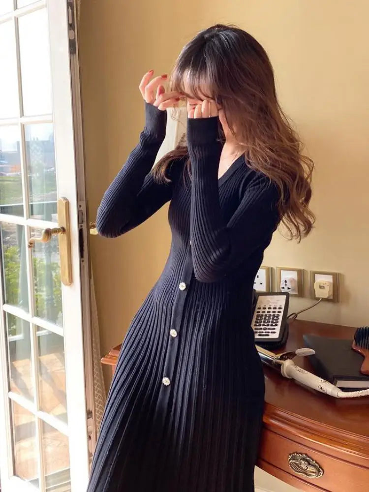 Women Retro White Long Sleeve Dresses Pink V-neck Single Breasted High Waist Ladies Elegant New Black Slim Knitting Dress Korean