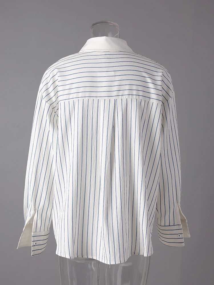 Women Blue Striped Textured Big Size Elegant Blouse New Lapel Long Sleeve Shirt Fashion Tide Spring Autumn 2025 CPG3188