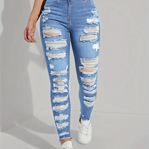 Load image into Gallery viewer, Hole Hollow Out Jeans Female High Waist Spliced Raw Hem Solid Skinny Denim Trousers Female Clothing Spring
